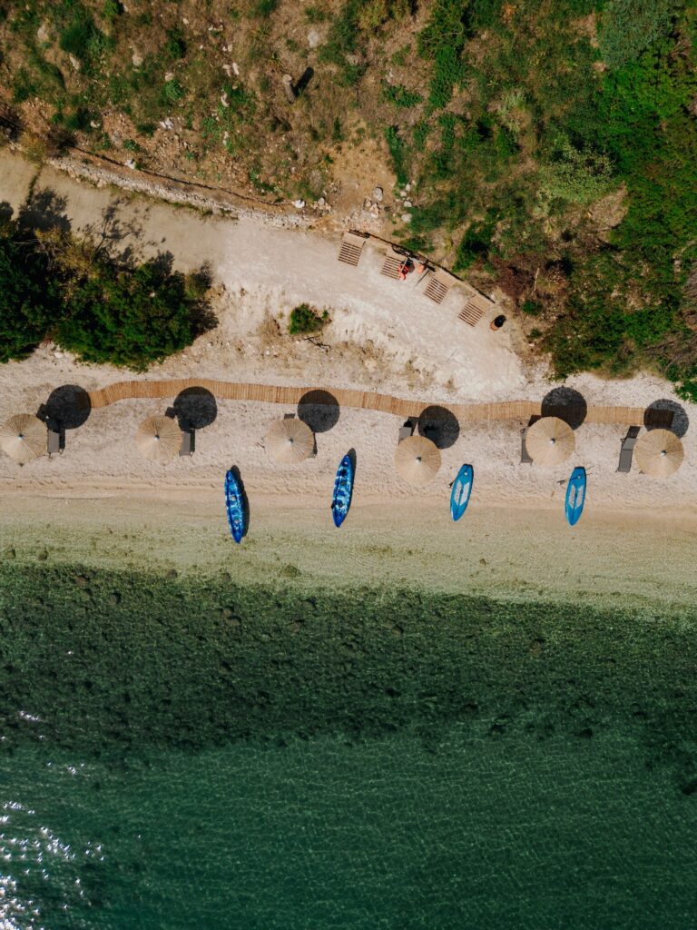 A drone photo of a beach near Paleros, Greece