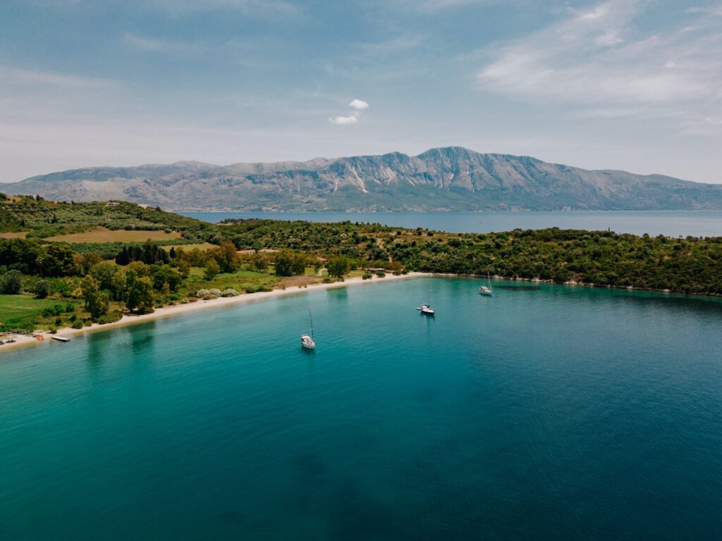 A panoramic photo of Varko Beach in Paleros, Greece